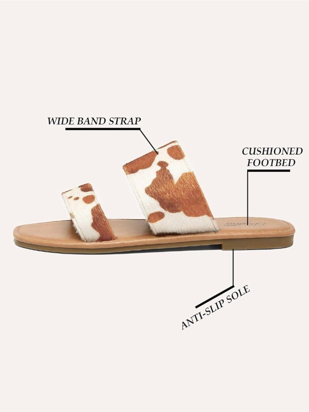 Women's Cow Print Open Square Toe Two Strap Slip On Flat Casual Sandal Shoes - Picture 3 of 6